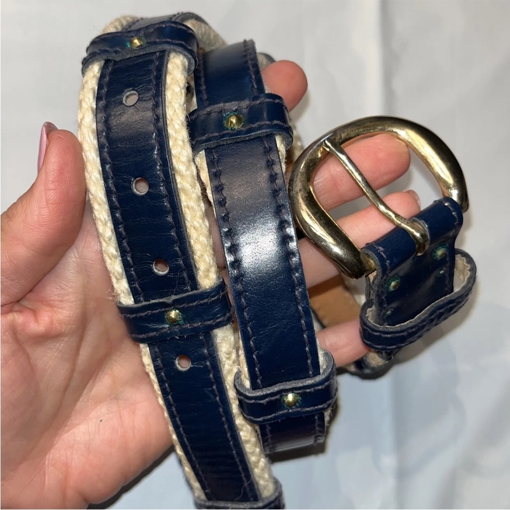 BLUE white ROPE BELT Handmade Calderon Leather Brass Plate Buckle Large vintage